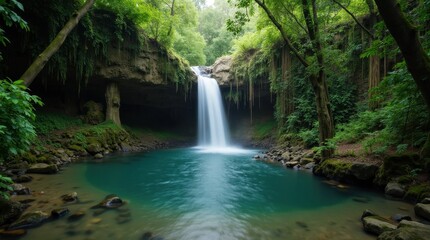 Obraz premium Secluded Waterfall Cascading into Natural Pool