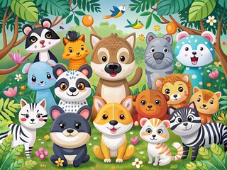 Naklejka premium Aerial View of a Whimsical Wildlife Collection Featuring Shiba Inu, Zebra, Hippopotamus, Penguin, Cat, Cow, Sloth Bear, and Raccoon in Flat Cartoon Design Style