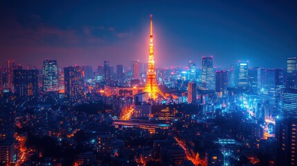 Night cityscape with illuminated tower and skyscrapers.