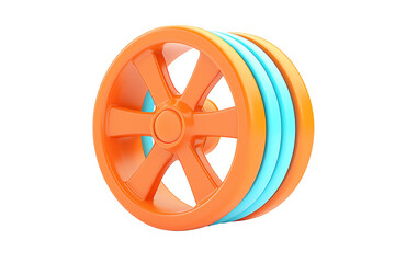 A colorful toy wheel featuring an orange outer rim and blue inner bands, designed for playful activities and visual engagement.