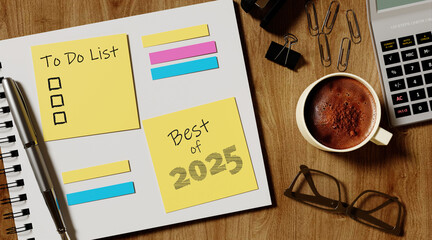 Best of 2025 planner with to-do list and coffee, 3D render.