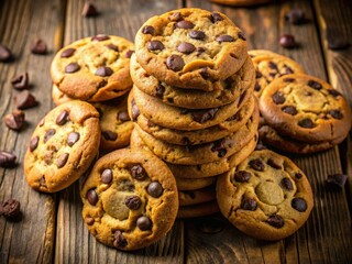 Drone captures a towering stack of chocolate chip cookies, a delicious aerial view of sweet baked goodness.