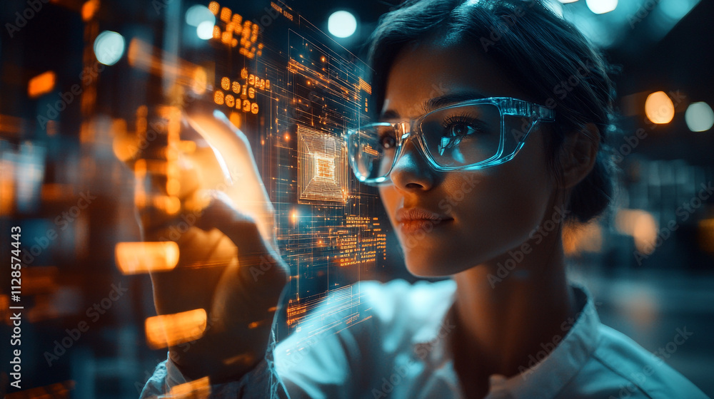 Poster innovative scientist interacts with digital interface in a high-tech lab environment