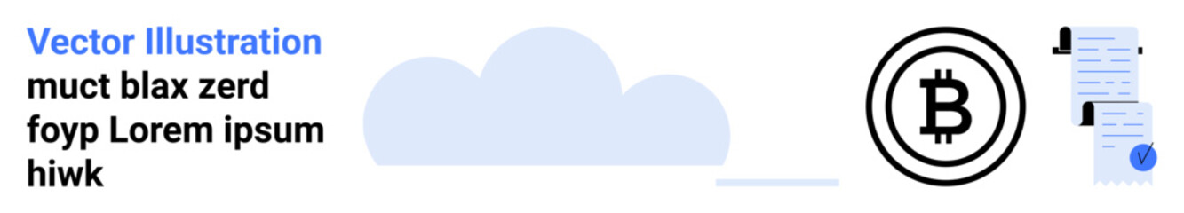 Cloud with Bitcoin symbol and documents. Ideal for cryptocurrency, cloud storage, digital security, online transactions, blockchain technology, financial services, and online documentation. Landing