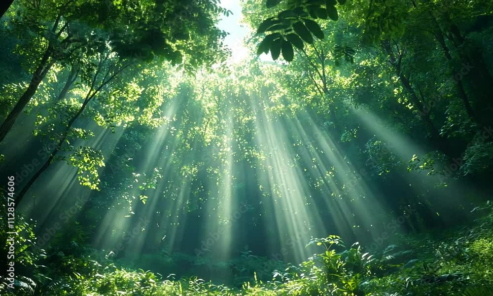 Poster sunlight streams through lush trees in a serene forest, creating a tranquil atmosphere.