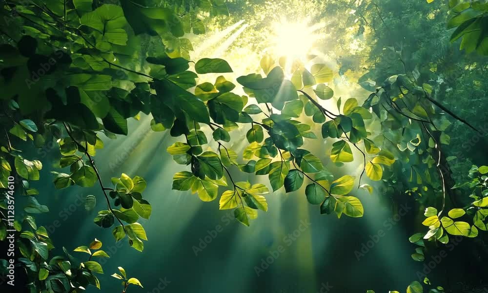 Poster sunlight filters through lush green leaves, creating a serene and tranquil forest atmosphere.