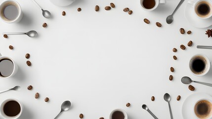 Fototapeta premium A crisp white background with scattered coffee cups beans and spoons arranged in a circular pattern around the blank middle.