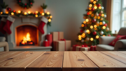 a wooden table with a a fireplace in the background and a festively decorated living room, Wood table with blurry Christmas interiors in the background