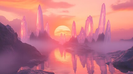 A crystal-covered planet with enormous translucent spires reflecting a pink and orange sunrise surrounded by mist.