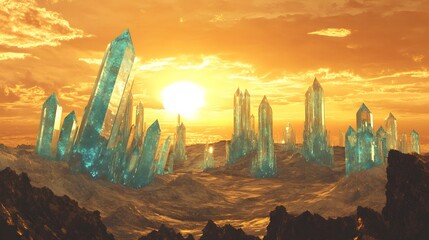 A crystalline planet with sharp jagged towers of blue and green crystal refracting sunlight under a golden horizon.