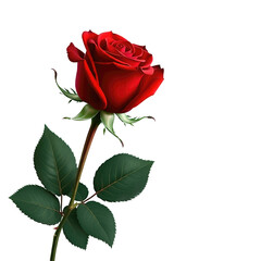 Red rose flower with clipping path, side view. Beautiful single red rose blossom on stem with isolated petals on white background. Natural object for Valentine's Day, mother's day, anniversary design