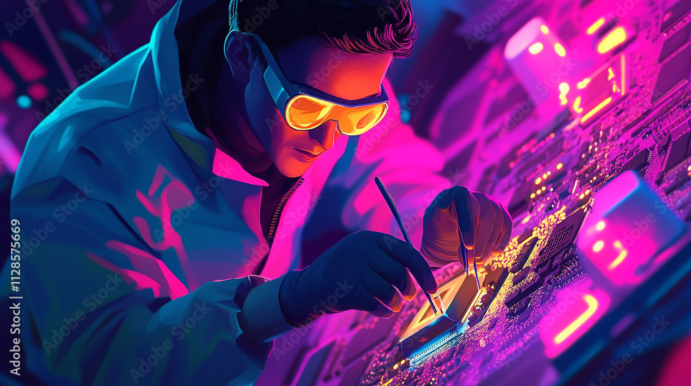 Poster technician working on a circuit board in a modern tech lab with vibrant lighting