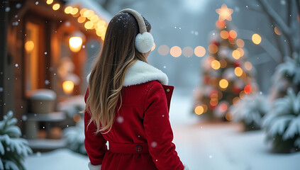 Young woman with santa hat walking at christmas market, back view, blurred background, bokeh lights, christmas decorations concept,  The atmosphere is warm and inviting, evoking a sense of holiday che