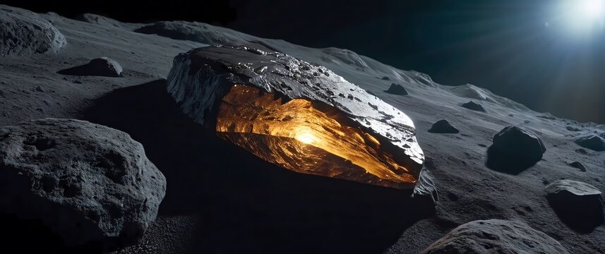 Closeup of a polished fragment of a planetary meteorite its surface revealing layers of basaltic and crystalline structures illuminated by soft cool lighting