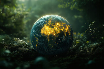 planet earth glowing from within on a natural green background, ecology concept