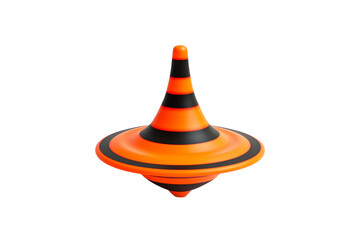A vibrant, spinning top featuring bold orange and black stripes, designed for playful motion and dynamic balance.