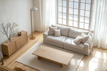 Minimalist, a japandi interior in the living room of a house with a sofa and a wooden table. Generative AI
