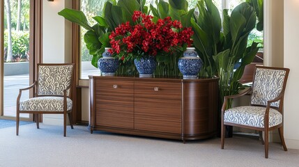 Luxurious decor features blue and white porcelain vases and tropical palm leaves paired with floral-patterned armchairs and vibrant red flowers