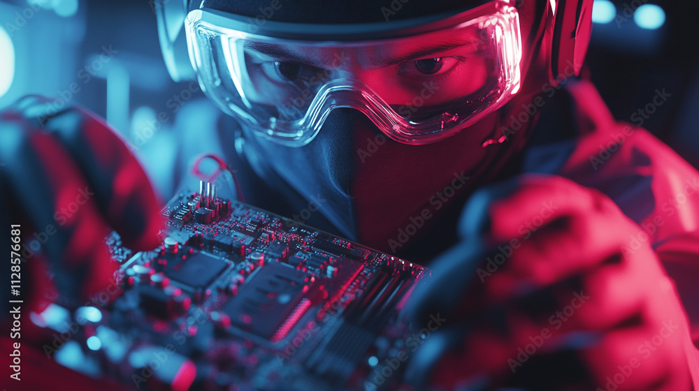 Poster technician working on circuit board in a high-tech environment with colorful lighting