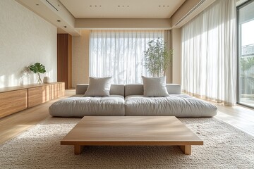 A Scandinavian interior in the living room with minimalist, sofa and wood cabinet and a cafe table in view. Generative AI
