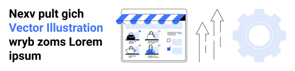 E-commerce web page featuring user profiles, arrows pointing upward, and a gear icon suggesting progress. Ideal for digital marketing, online business, e-commerce, growth strategies, user engagement