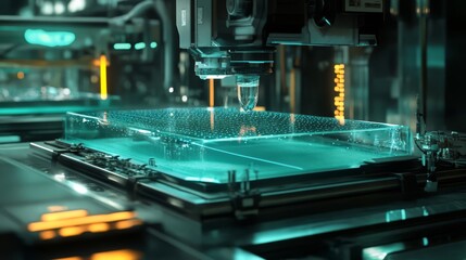 Obraz premium Futuristic 3D printer creating a teal grid on a glass surface.