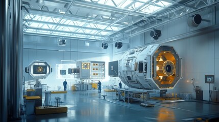 Futuristic cleanroom with advanced technology and scientists.