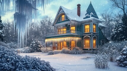 Victorian-style winter house in a snowy landscape, icicles hanging, warm glow inside