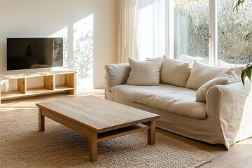 A minimalist, japandi interior in the living room with beige sofas and wooden tables. Generative AI
