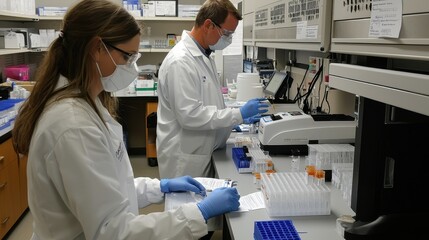 Naklejka premium Scientists Conduct Data Review in Laboratory Setting with Advanced Equipment and Precise Techniques