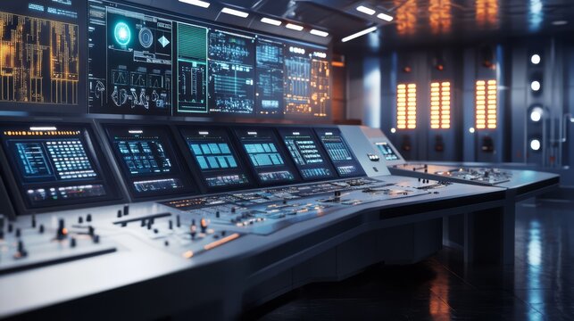Futuristic control room interior with glowing monitors and consoles.