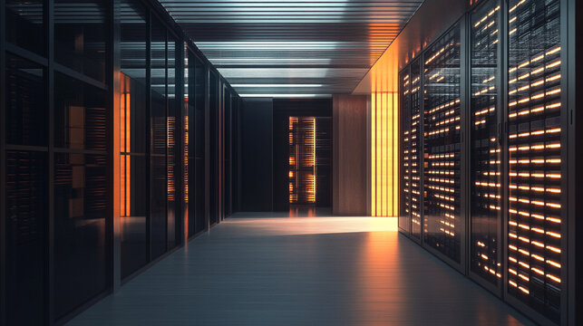 Modern server room with illuminated racks and sleek design during evening hours