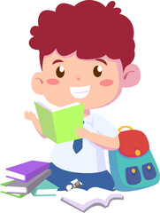 Illustration of Happy Boy Reading Books, Design Inspiration, Character