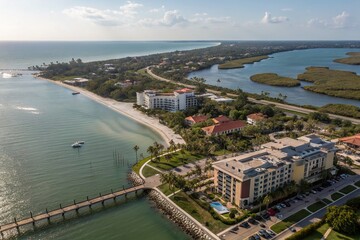 Obraz premium Aerial View of Downtown Naples, Florida: Stunning Drone Photography Showcasing Coastal Architecture and Vibrant City Life Surrounded by Natural Beauty