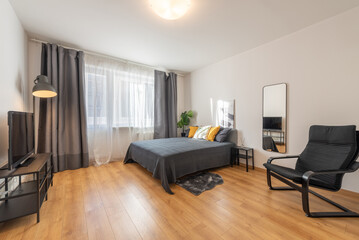 Modern Home Minimalist Bedroom Interior With Stylish Furniture and Natural Light
