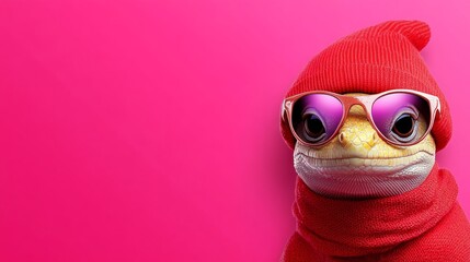 Fototapeta premium Frog wearing sunglasses and a red scarf. The frog is looking at the camera. The background is pink