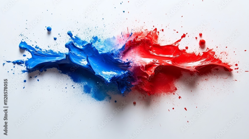 Poster splash of blue and red paint on a white background. the colors are vibrant and bold, creating a sens