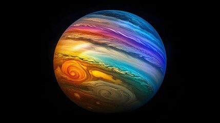 A gas giant planet with swirling clouds of rainbow-colored gases and lightning storms illuminating the surface.