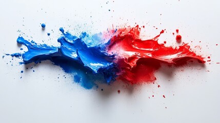 Fototapeta premium Splash of blue and red paint on a white background. The colors are vibrant and bold, creating a sense of energy and excitement. The splatter effect adds a dynamic and artistic touch to the image