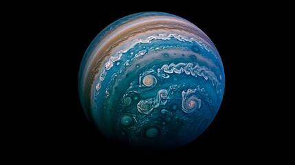 A gas giant planet with vibrant blue and green storm clouds spiraling in chaotic patterns illuminated by distant starlight.