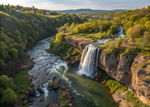 Aerial View of Dzhurynskyi Waterfall in Nyrkiv Village, Ternopil Oblast, Showcasing the Majestic Flow of the Dzhuryn River Surrounded by Lush Greenery and Scenic Landscape
