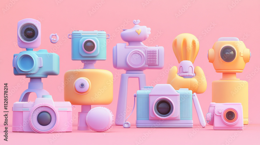 Poster Colorful collection of playful camera models on a pink background showcasing creativity and design