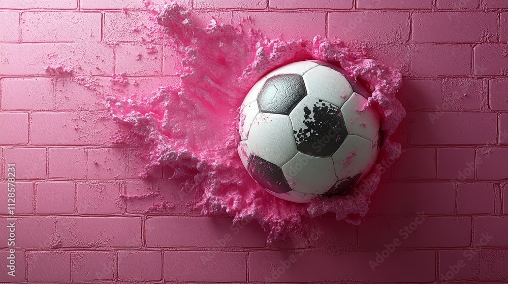 Poster soccer ball is surrounded by pink paint, creating a colorful and playful scene. the pink paint gives