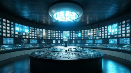 Futuristic control room with numerous screens.