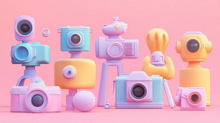 Colorful collection of playful camera models on a pink background showcasing creativity and design
