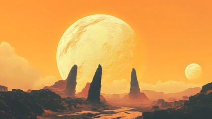 A glowing orange planet with swirling magma rivers and jagged black rock formations under a hazy yellow sky.
