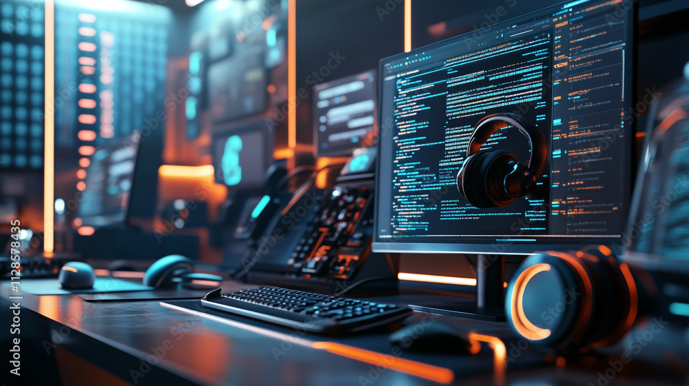 Poster gaming setup with multiple monitors and neon lighting in a modern environment during the evening