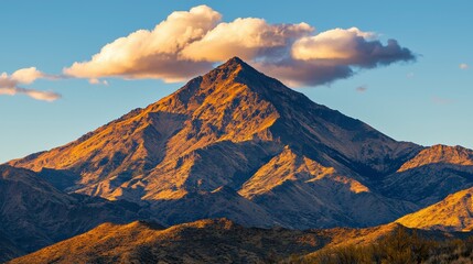 Majestic Mountain Peak Under Dramatic Clouds at Sunset in a Clear Blue Sky Glowing with Warm Golden Light Reflecting on Rocky Terrain