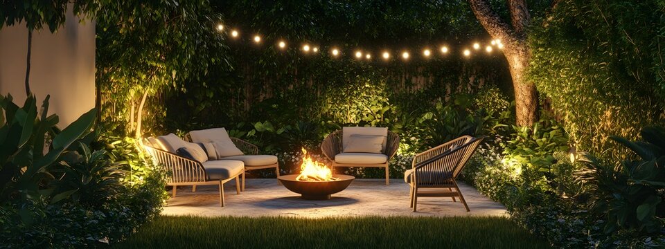 A cozy outdoor seating area with comfortable chairs, surrounded by lush greenery and an inviting fire pit under the glow of fairy lights - Powered by Adobe