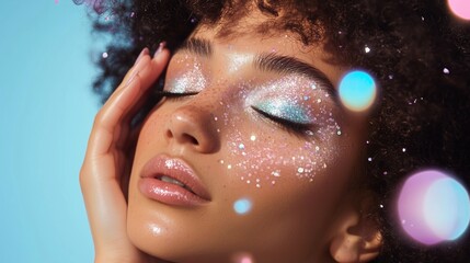 Woman with glowing skin and glitter makeup posing against a blue background during a creative beauty shoot